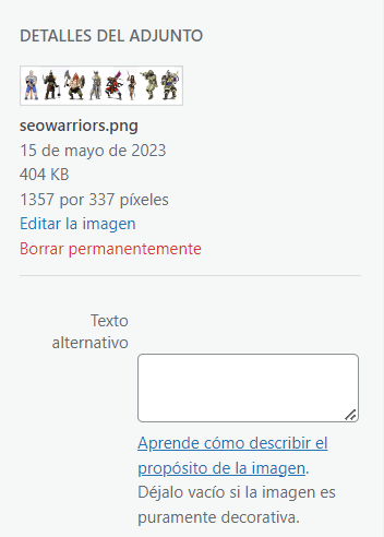 Captura acerca de cómo colocar el atributo alt en WordPress